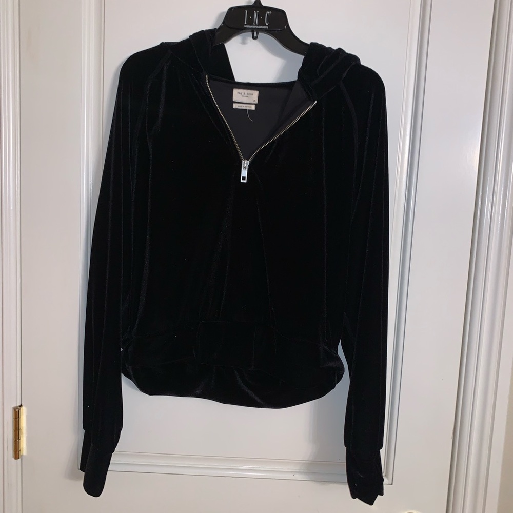 Rag & Bone Black Long Sleeve Velvet Sweatshirt with Hood Size Large